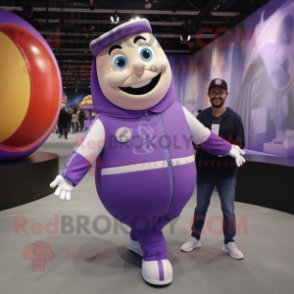 Lavender Plate Spinner mascot costume character dressed with a Bomber Jacket and Foot pads