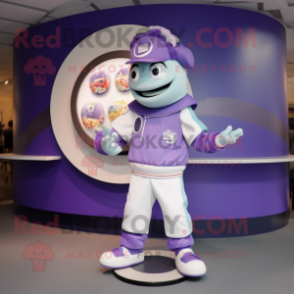 Lavender Plate Spinner mascot costume character dressed with a Bomber Jacket and Foot pads