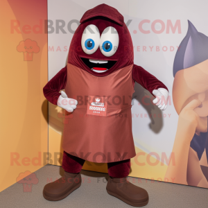 Maroon Shakshuka mascot costume character dressed with a Dungarees and Clutch bags