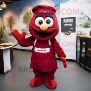 Maroon Shakshuka mascot costume character dressed with a Dungarees and Clutch bags