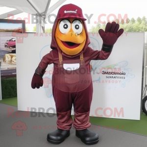 Maroon Shakshuka mascot costume character dressed with a Dungarees and Clutch bags