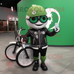 Forest Green Ice Cream Cone mascot costume character dressed with a Biker Jacket and Smartwatches