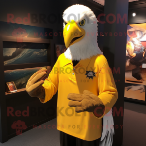 Yellow Bald Eagle mascot costume character dressed with a Jumpsuit and Shawl pins