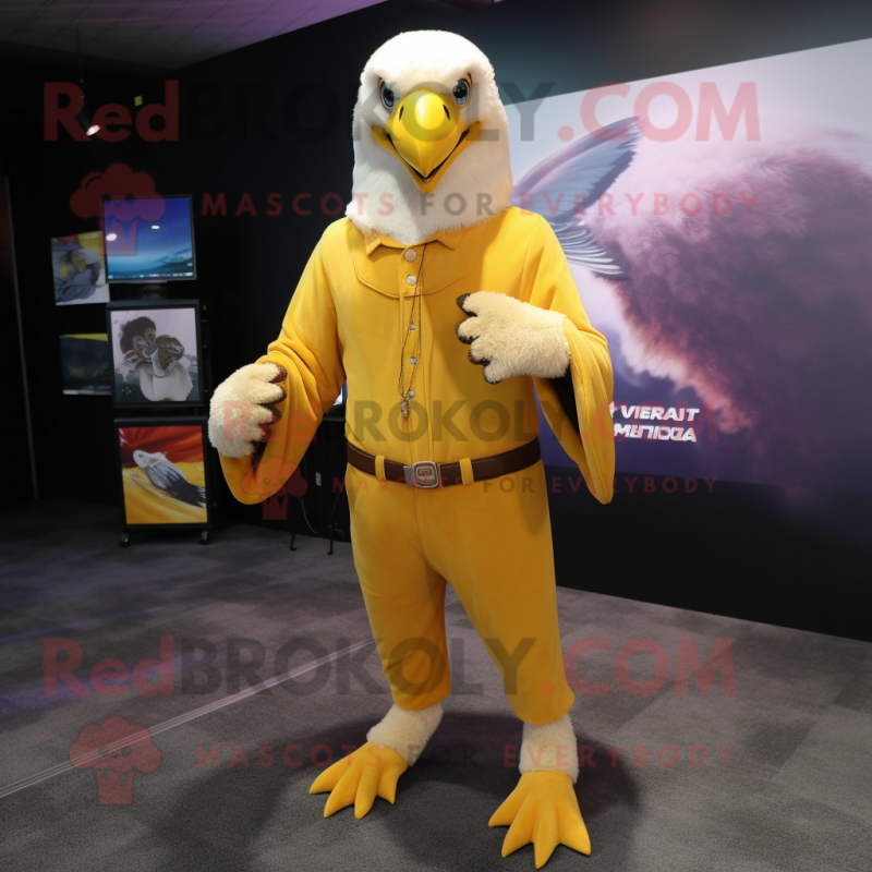 Yellow Bald Eagle mascot costume character dressed with a Jumpsuit and Shawl pins