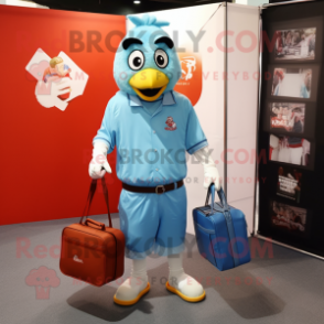 Sky Blue Fried Chicken mascot costume character dressed with a Oxford Shirt and Handbags