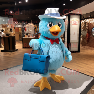 Sky Blue Fried Chicken mascot costume character dressed with a Oxford Shirt and Handbags