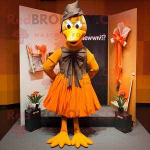 Orange Crow mascot costume character dressed with a Maxi Skirt and Bow ties