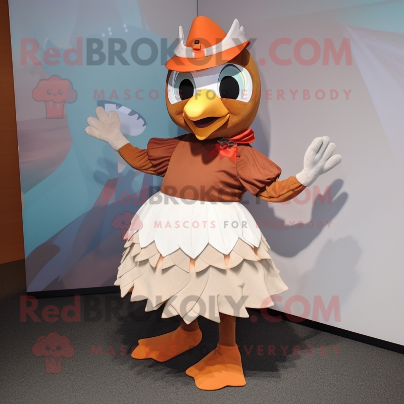 Rust Dove mascot costume character dressed with a Pleated Skirt and Headbands