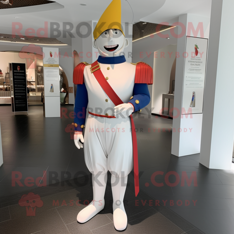 White Swiss Guard mascot costume character dressed with a Jeggings and Lapel pins