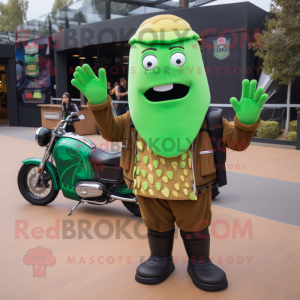 Green French Fries mascot costume character dressed with a Moto Jacket and Beanies