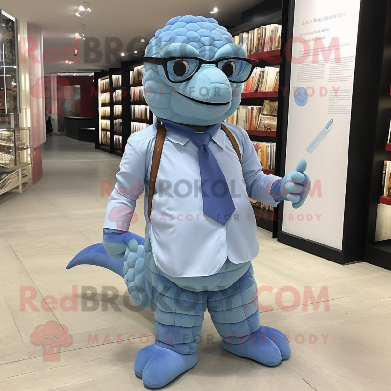 Sky Blue Pangolin Mascot Costume Character Dressed With A Oxford Shirt And Reading Glasses 5273
