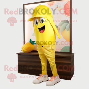 Lemon Yellow Mango mascot costume character dressed with a Capri Pants and Shoe laces