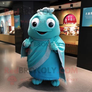 Turquoise Dim Sum mascot costume character dressed with a T-Shirt and Shawl pins