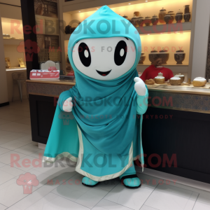 Turquoise Dim Sum mascot costume character dressed with a T-Shirt and Shawl pins