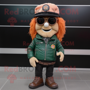Peach Leprechaun Hat mascot costume character dressed with a Biker Jacket and Reading glasses