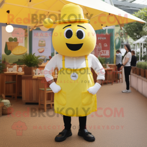 Lemon Yellow Paella mascot costume character dressed with a Oxford Shirt and Suspenders