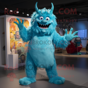 Cyan Demon mascot costume character dressed with a Culottes and Hair clips