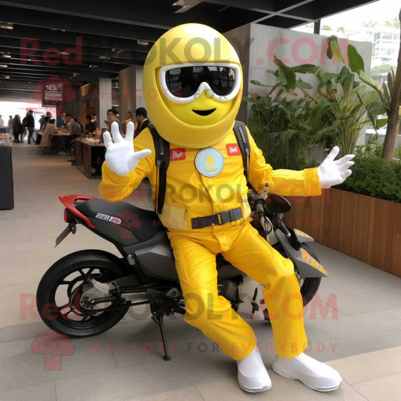 Lemon Yellow Pad Thai mascot costume character dressed with a Moto Jacket and Foot pads