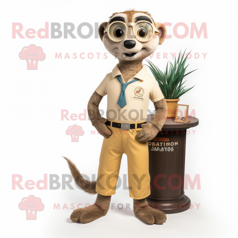 Tan Meerkat mascot costume character dressed with a Capri Pants and Pocket squares