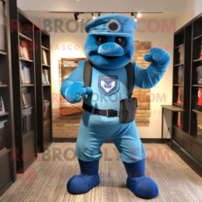 Blue Commando mascot costume character dressed with a V-Neck Tee and Suspenders