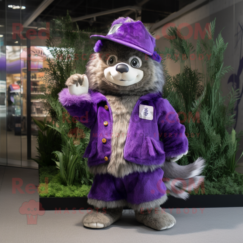 Purple Skunk mascot costume character dressed with a Parka and Hats