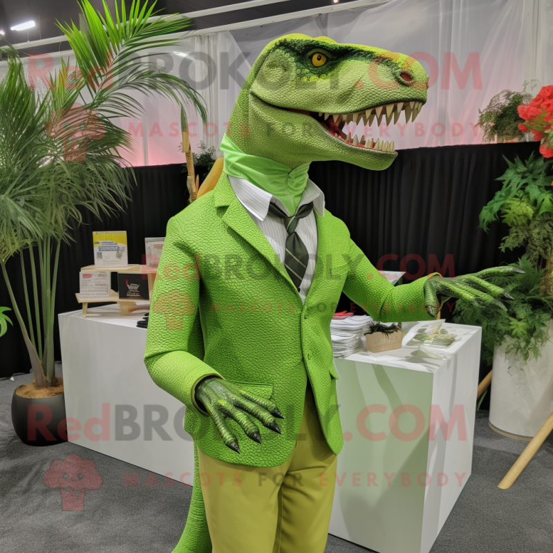 Lime Green Allosaurus mascot costume character dressed with a Dress and Pocket squares