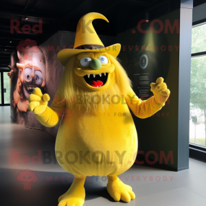 Yellow Demon mascot costume character dressed with a Dress and Hat pins