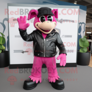 Pink Moussaka mascot costume character dressed with a Leather Jacket and Rings