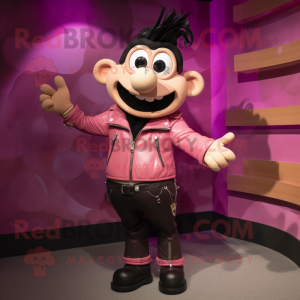 Pink Moussaka mascot costume character dressed with a Leather Jacket and Rings