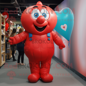 Red Heart Shaped Balloons mascot costume character dressed with a Dungarees and Watches
