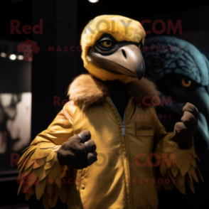 Gold Vulture mascot costume character dressed with a Bomber Jacket and Gloves