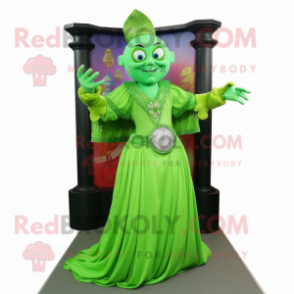 Lime Green Magician mascot costume character dressed with a Ball Gown and Bracelet watches