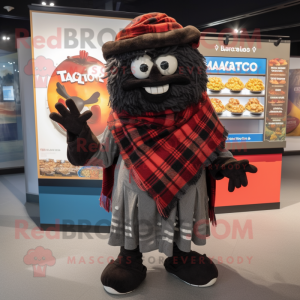 Black Tacos mascot costume character dressed with a Flannel Shirt and Shawls