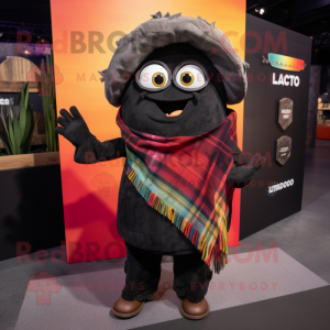 Black Tacos mascot costume character dressed with a Flannel Shirt and Shawls