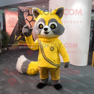 Lemon Yellow Raccoon mascot costume character dressed with a Long Sleeve Tee and Wraps