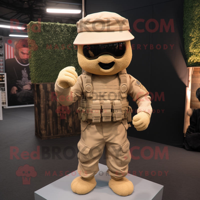 Tan Army Soldier mascot costume character dressed with a T-Shirt and Beanies