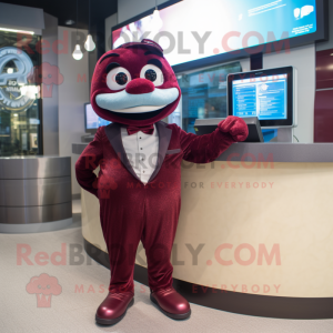 Maroon Bracelet mascot costume character dressed with a Suit and Bow ties