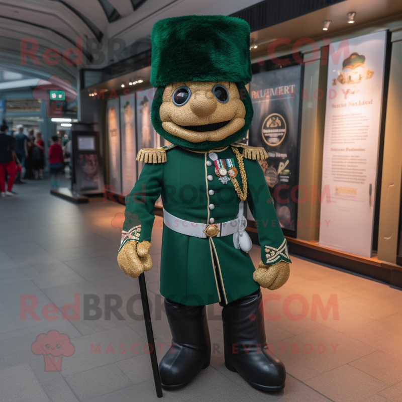 Forest Green British Royal Guard mascot costume character dressed with a Poplin Shirt and Anklets