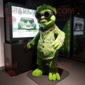 Forest Green Frankenstein'S Monster mascot costume character dressed with a Playsuit and Sunglasses