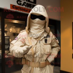 Cream Gi Joe mascot costume character dressed with a Raincoat and Wraps