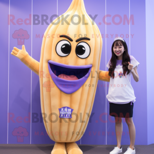 Lavender French Fries mascot costume character dressed with a One-Piece Swimsuit and Brooches