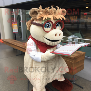 Cream Pulled Pork Sandwich mascot costume character dressed with a Corduroy Pants and Reading glasses