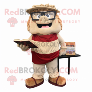 Cream Pulled Pork Sandwich mascot costume character dressed with a Corduroy Pants and Reading glasses