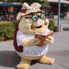 Cream Pulled Pork Sandwich mascot costume character dressed with a Corduroy Pants and Reading glasses