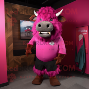 Magenta Buffalo mascot costume character dressed with a Long Sleeve Tee and Tie pins