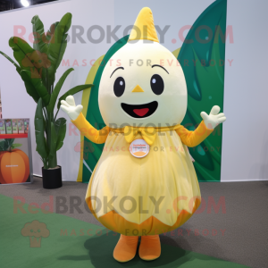 Cream Mango mascot costume character dressed with a A-Line Dress and Keychains