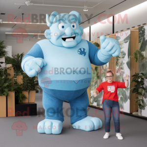 Sky Blue Strongman mascot costume character dressed with a Mom Jeans and Brooches