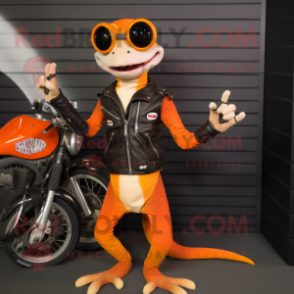 Orange Geckos mascot costume character dressed with a Biker Jacket and Gloves