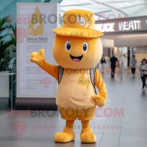 Gold Apricot mascot costume character dressed with a V-Neck Tee and Caps