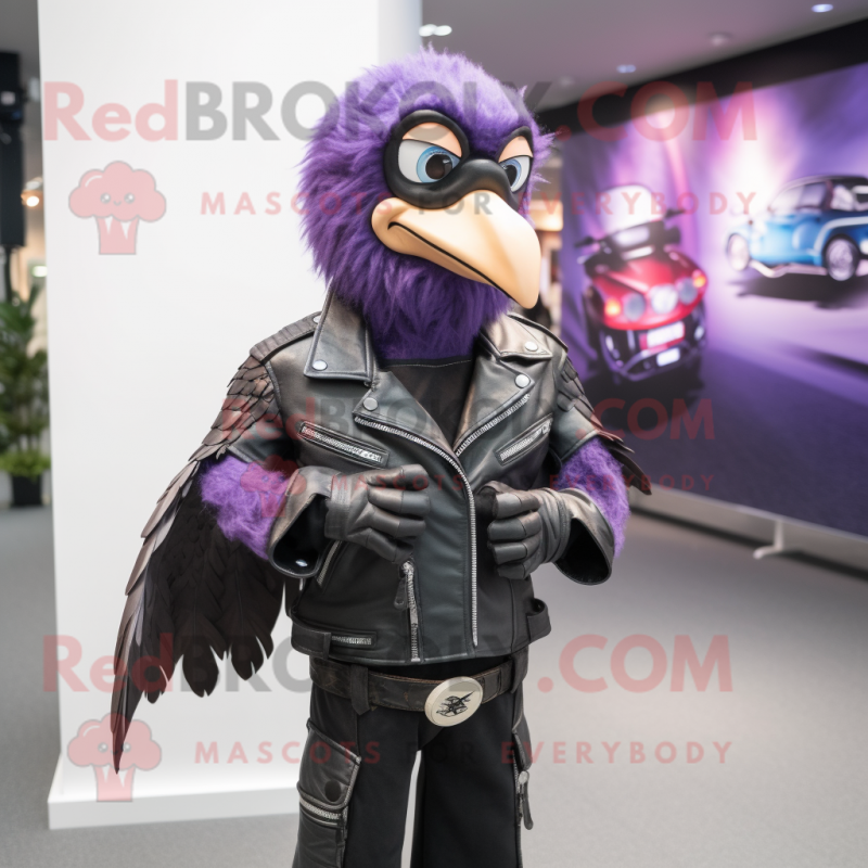 Lavender Vulture mascot costume character dressed with a Biker Jacket and Wallets